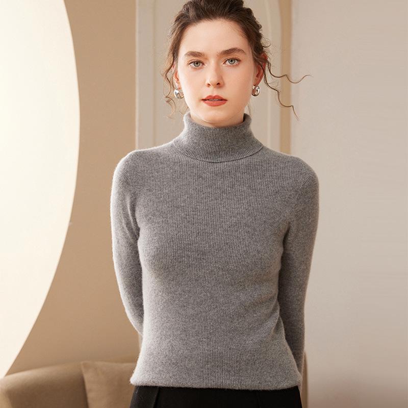 Women's High Neck Ribbed Cashmere Sweater - Slim Fit, Versatile Knit Top