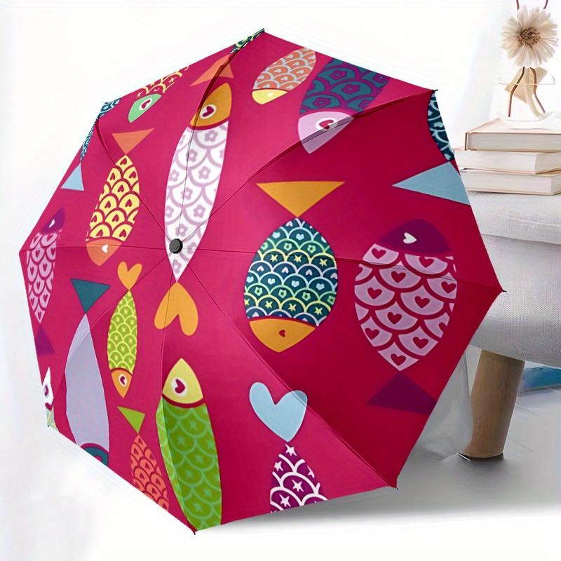 1pc Fishes Patterns Automatic Open/close Folding Compact Umbrella, 8-Rib Sturdy Canopy, Lightweight Portable, Everyday Use, Gift,045