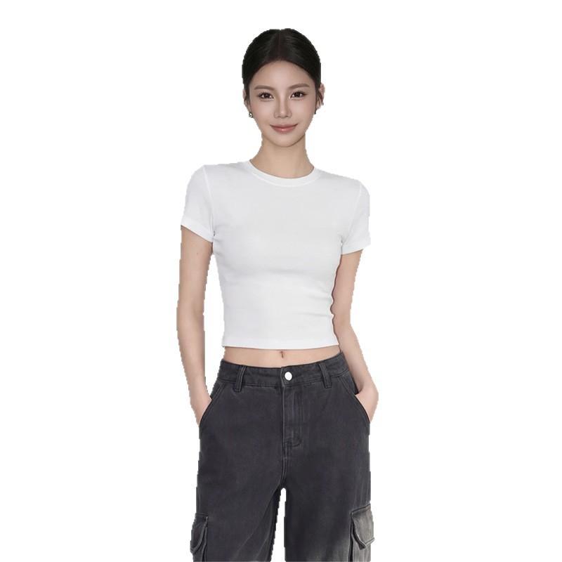 Short front shoulder crew neck T-shirt women's summer minimalist versatile slim fit tight pure desire style American Spice Girl top