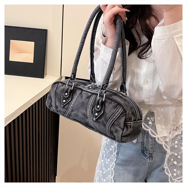 Niche design bowling bag women's large capacity shoulder bag retro trend women's denim handbag