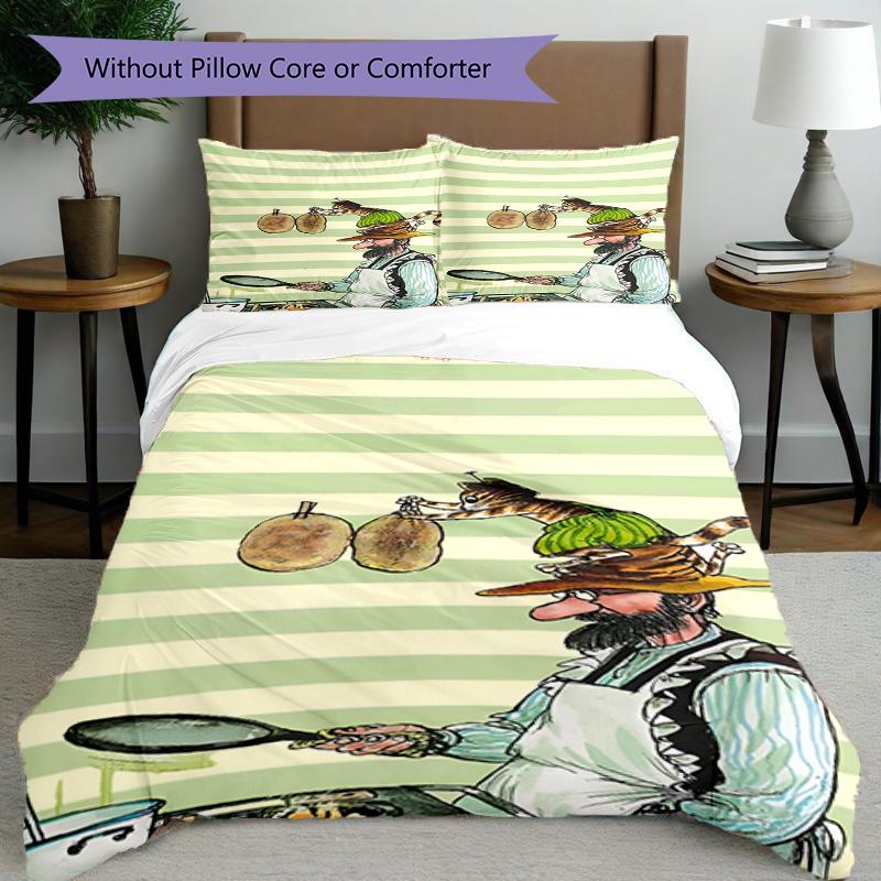 3pcs Duvet Cover Set (1*Duvet Cover + 2*Pillowcase, Without Core), Pettersson und Findus Print Bedding Set, Bedroom Decor, All‑Season, Birthday Gift