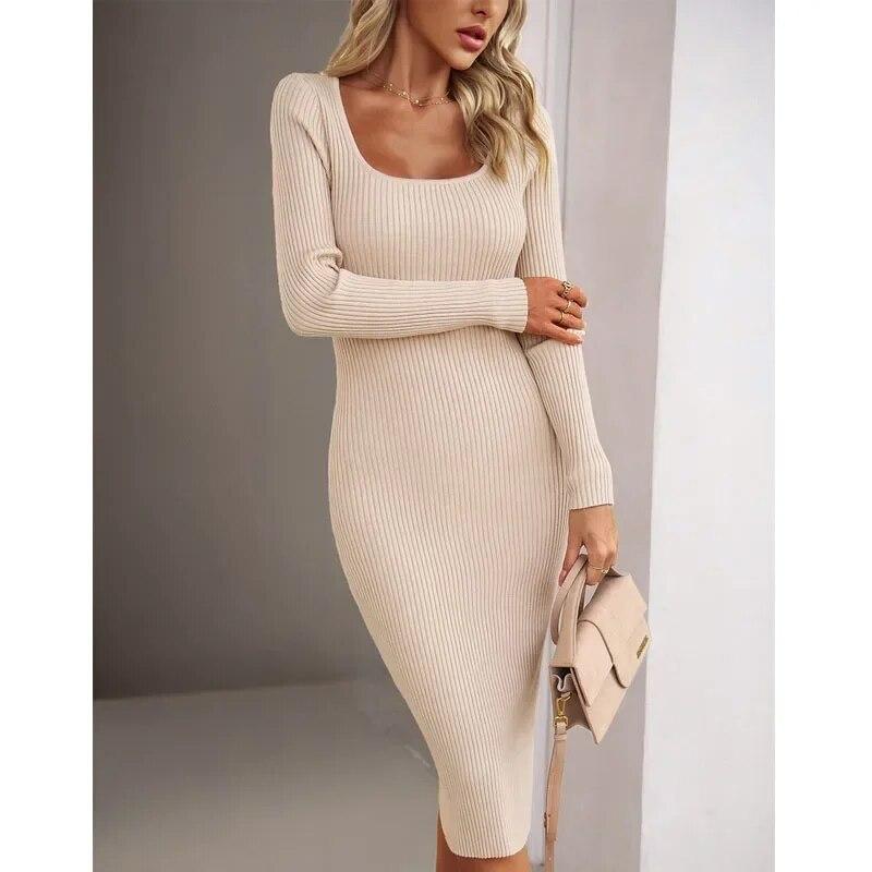 Elegant Woolen Knitted Square Neck Dress For Women 2026 Autumn Winter Sexy Slim Fit Ladies Dress Fashion New Clothes 30054 S абрикосовый