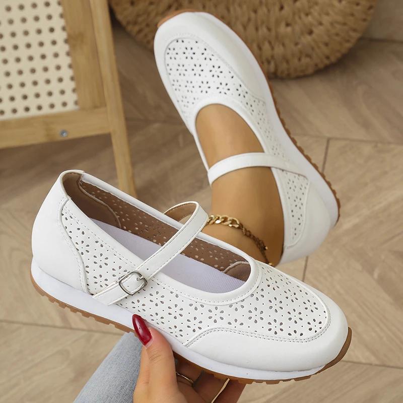 Fashion Women Shoes White Hollow Out Platform Sneakers 2025 Plus Size 36-43 Breathable Sports Shoes Woman Comfort Non Slip Walking Flats