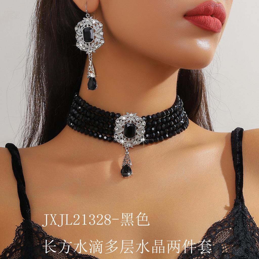 European and American Luxury Multi-layer Crystal Water Drop Pendant Bundle Neck Chain Jewelry Earrings Exaggerated Color Crystal Necklace Women