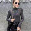 Women's Elastic Sexy Shiny Sequined Bottoming T-Shirt Autumn Fashion Half High Collar Long Sleeve Slim Basic Tops
