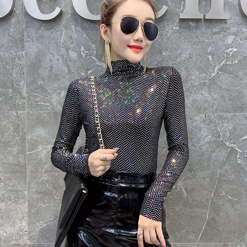 Women's Elastic Sexy Shiny Sequined Bottoming T-Shirt Autumn Fashion Half High Collar Long Sleeve Slim Basic Tops