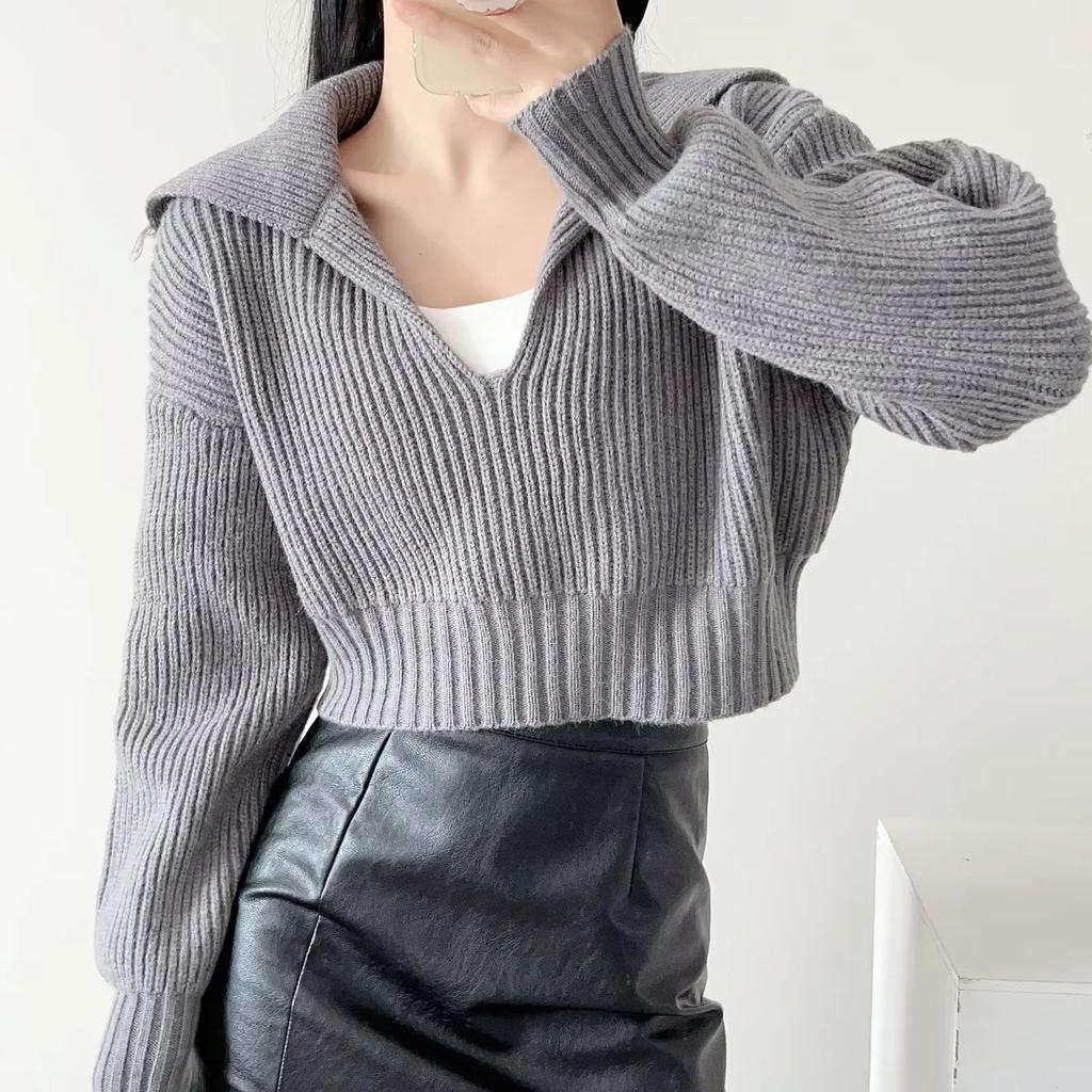 Spring and Autumn Four-color Loose Large Lapel Peplum Knit Sweater Women Fashion Loose Short Sweater Sweater Sweater Comfortable and Versatile