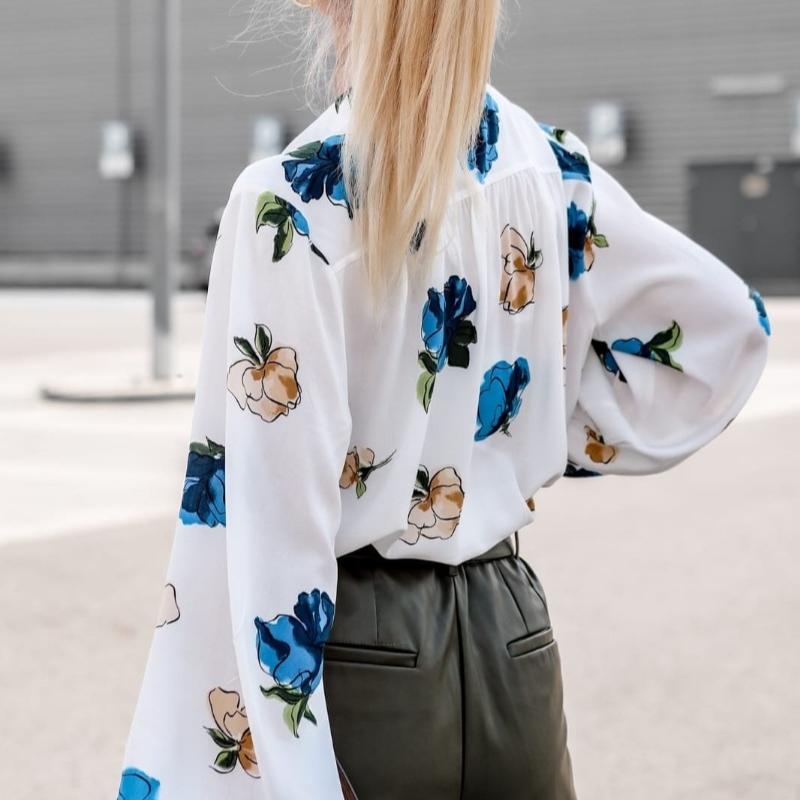Autumn New Stand Collar Floral Print Casual Blouse Women Lantern Sleeve Tops Loose Office Shirt for Women Fashion Vintage Plus Size Blouses 24681