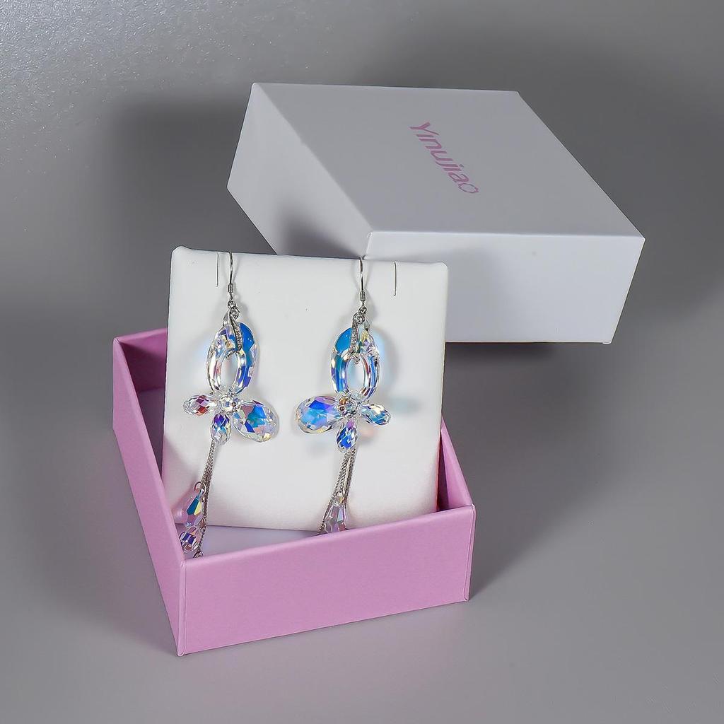 925 Sterling Silver Handmade Unique Dazzling Butterfly Earrings with Aurora Borealis Austrian Crystals  Long Tassels Boho Dangle  Ideal Jewelry Gift