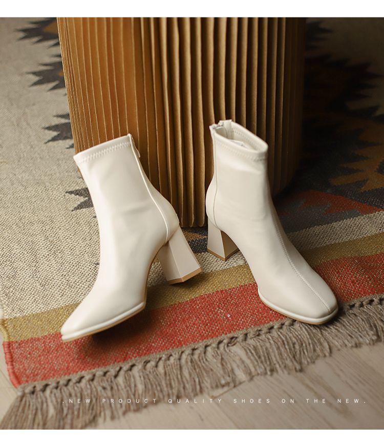 White Velvet-Lined Square Toe Chunky Heel Ankle Boots for Women - Trendy Slimming French Leather High Heels