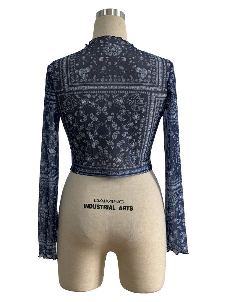 Spring Women's Mesh Print Stand Collar Long Sleeve Mini T Shirt Top Women Fashion Daily Basic Office Lady Casual Slim Fit Ladies Elegant Top