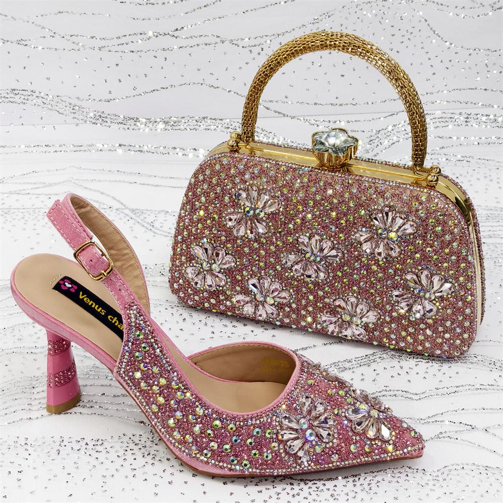 E-commerce Ladies' High Heels & Bag Set: Pointed Toe, Full Diamond Design, 3D Flower Accents, Matching Small Square Bag