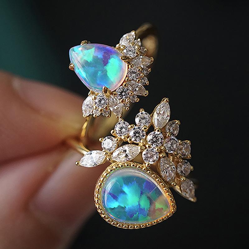 Water Droplet Shaped Blue Australian Treasure Inlaid with White Diamond Ring European and American Retro Water Droplet Food Ring