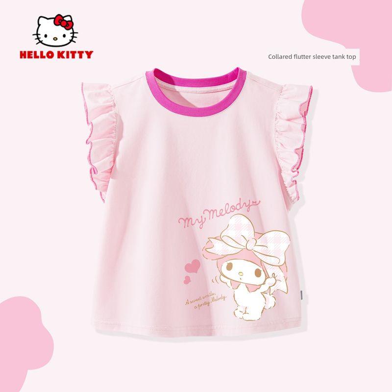 My Melody Girls' Flutter Sleeve T-Shirt Summer 2026 New Pink Children's Round Neck Top Cute Baby Girl Vest