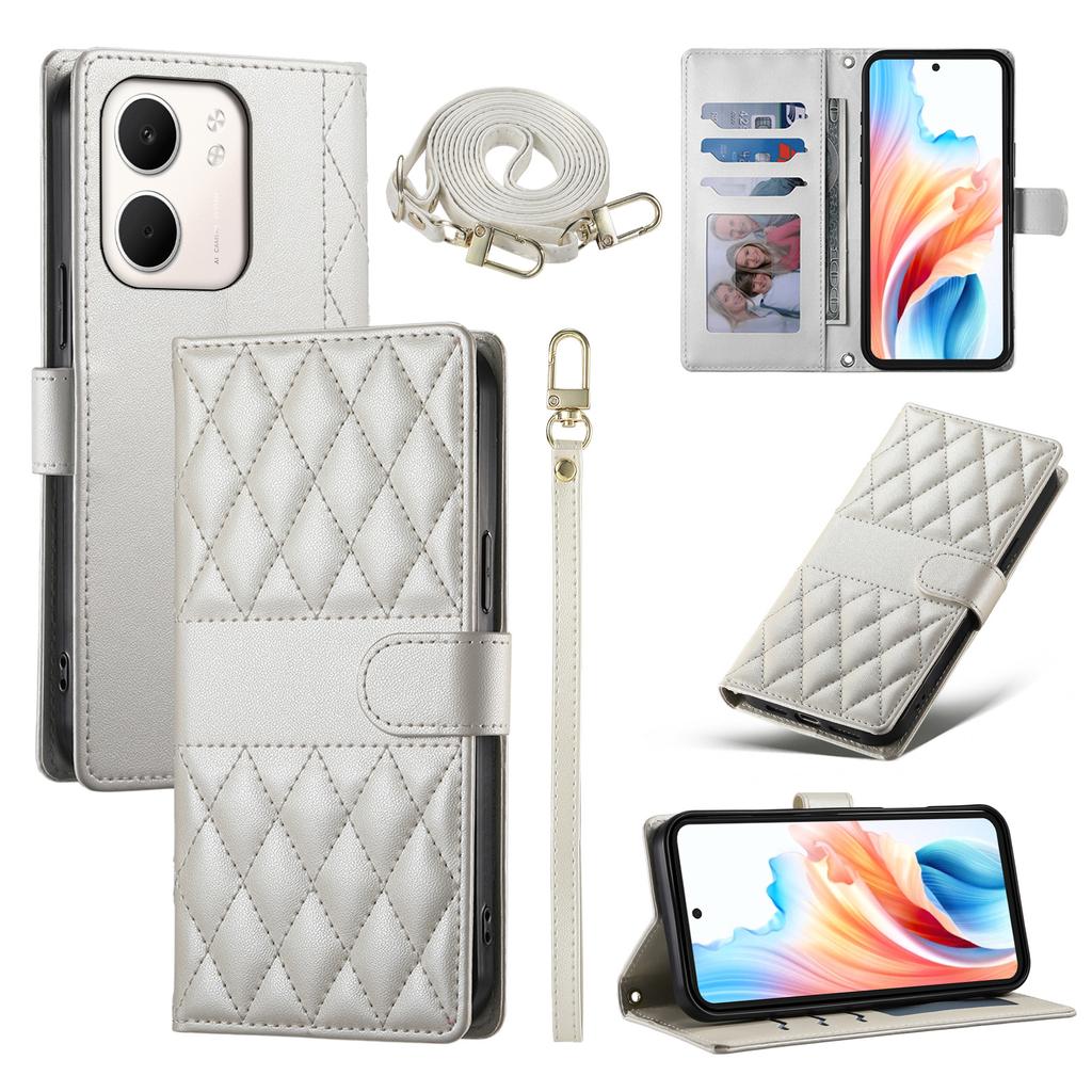 For Oppo A5x 5G/4G Case Rhombus Stitching Wallet Stand Leather Phone Cover with Long/Short Strap