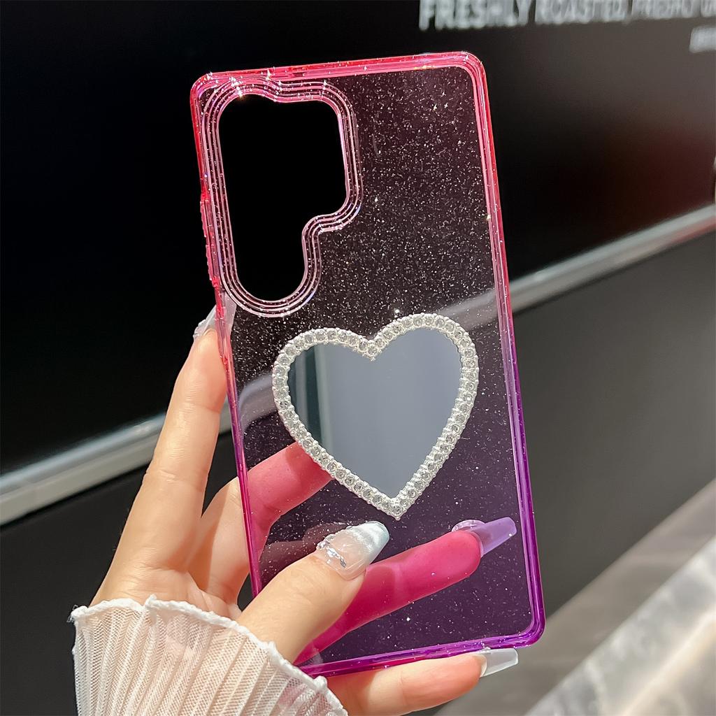 For Samsung Galaxy S25 Ultra Case Glitter Dual Color PC+TPU Clear Phone Cover with Heart-Shape Mirror