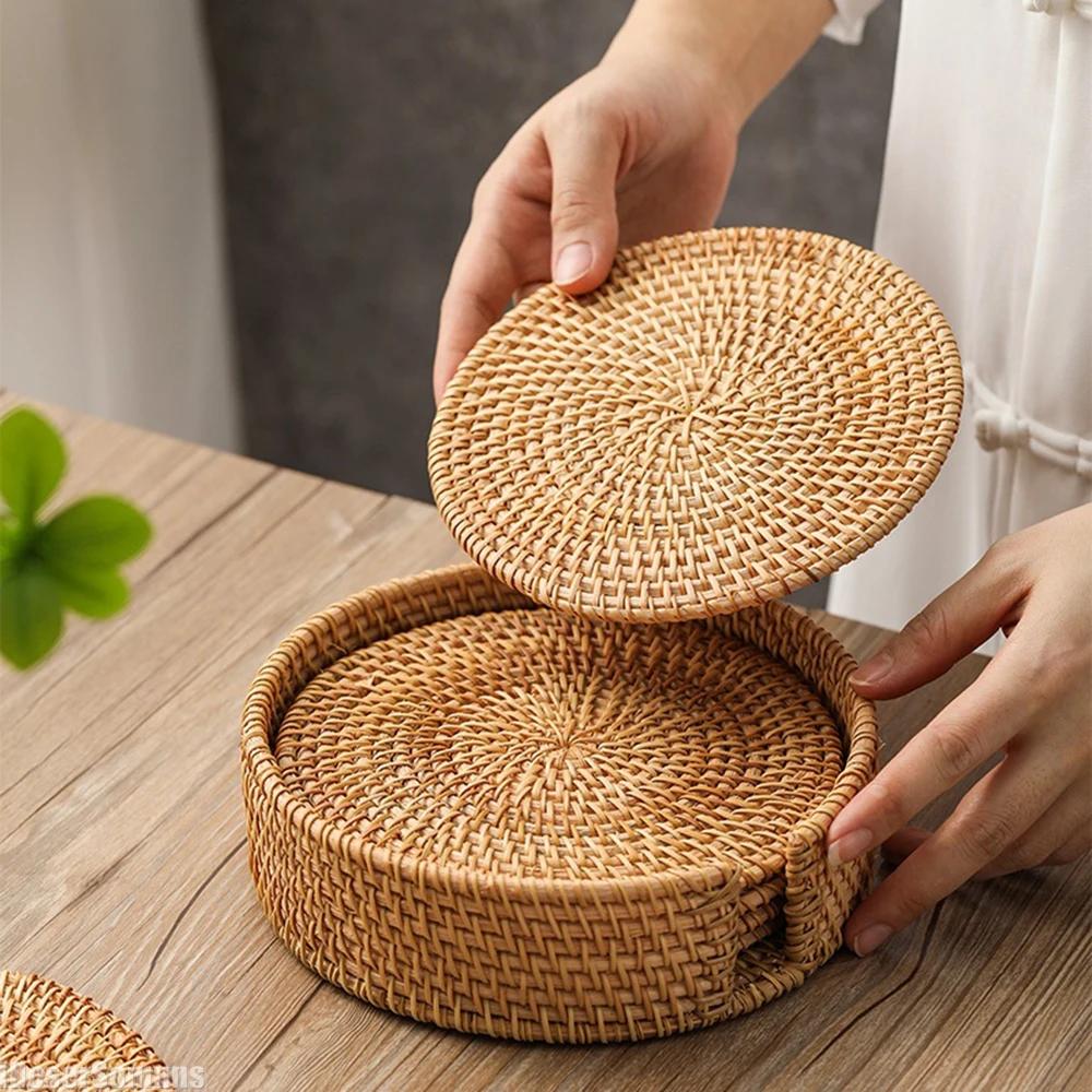 Retro Rattan Coaster Table Natural Woven Rattan Cup Coaster Drink Mug Pot Tea Coffee Placemat Handmade Kitchen Accessories