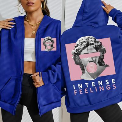 Intense Feelings Sculpture Blowing Pink Bubbles Print Womens Zipper Hoodie Loose Fleece Hoody Hoodies Soft Tops