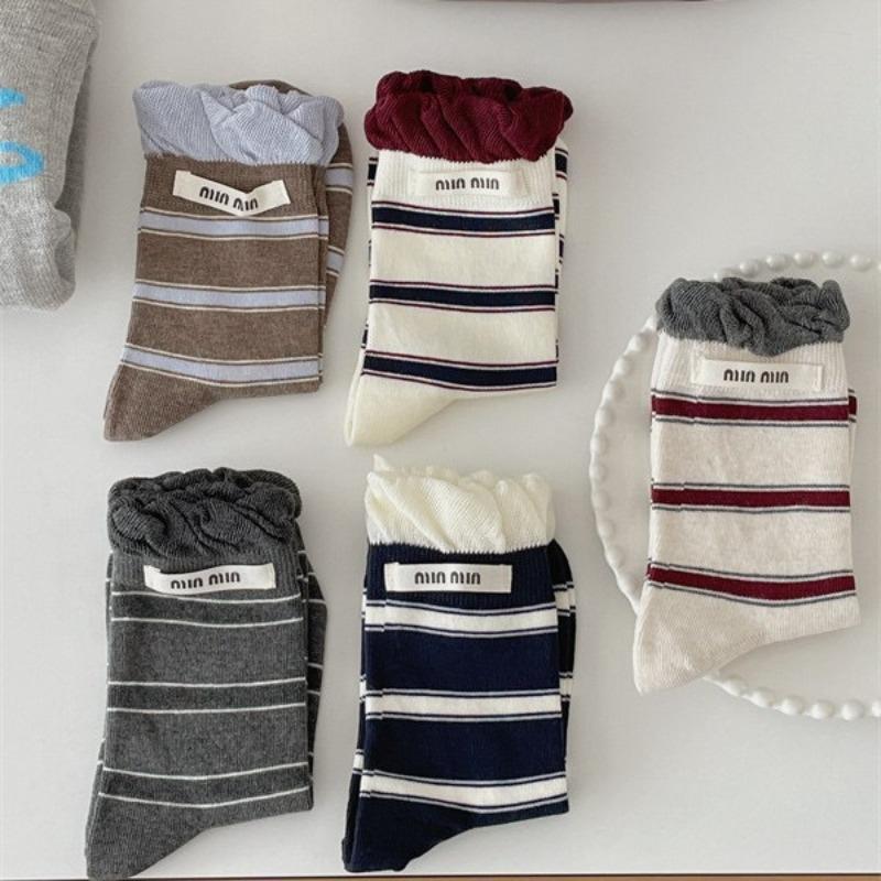 Female Autumn Color Striped Double Collar Letter Cloth Label Boneless Sweat Absorbent Breathable Tube Pile Socks