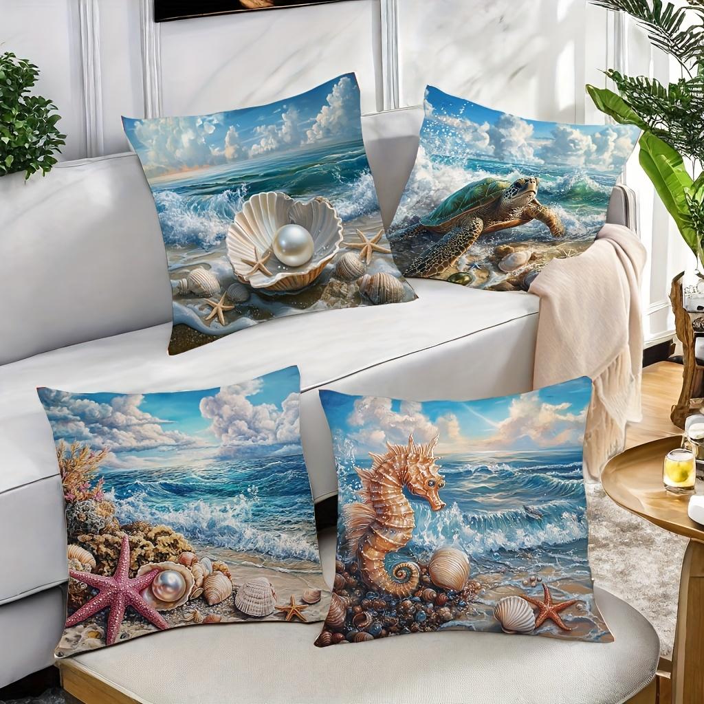 4-piece Summer Beach Pillowcase Set - Featuring Seahorse, Starfish, and Seashell Patterns, Suitable for Sofas, Cars and Bedrooms