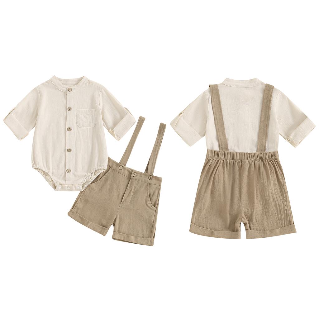 Baby Boys Summer Shorts Sets Short Sleeve Button Up Romper and Suspender Shorts Sets