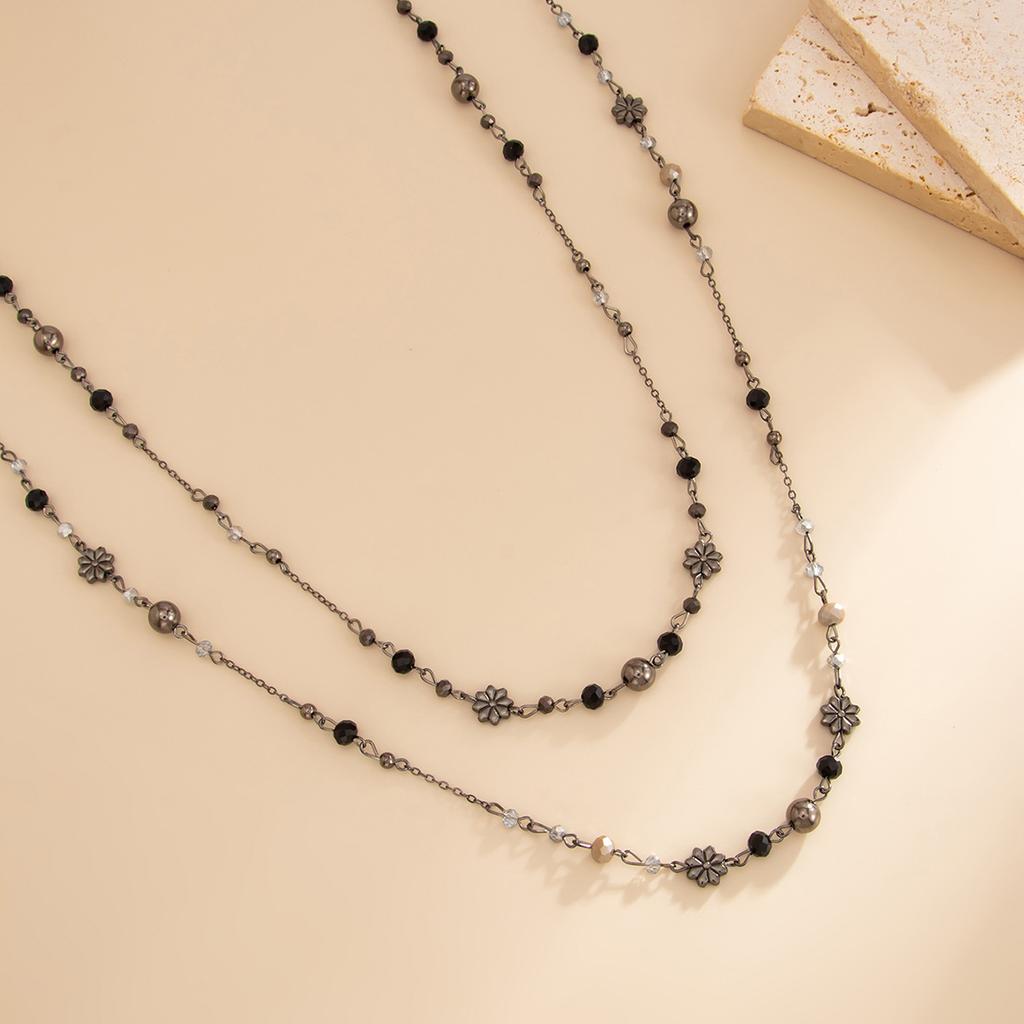 Bohemian Flower Chain Stacked Necklace Female, Retro Style Crystal Beaded Long Necklace