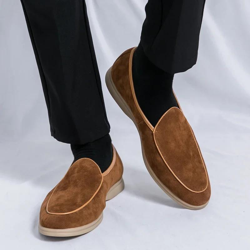 Spring and Autumn Suede Shallow Mouth Mens Loafers Flat Casual Shoes Luxury Brand Nubuck Leather Designer Mocasin Wedding Shoes