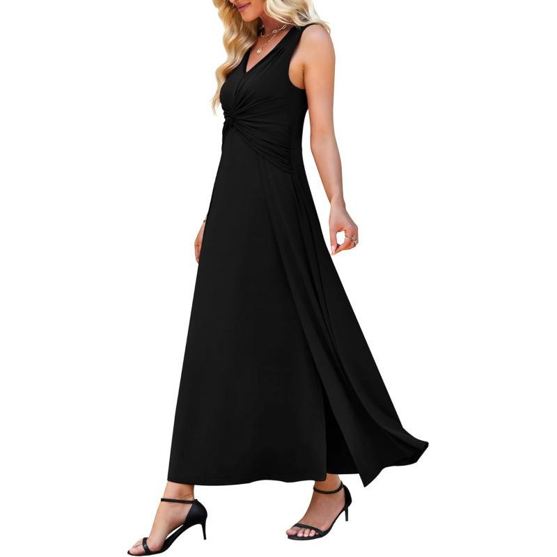 2026 Fashion V-Neck Sleeveless Dress Casual Elegant Pleated Cross-twisted Elegant Long Dress S