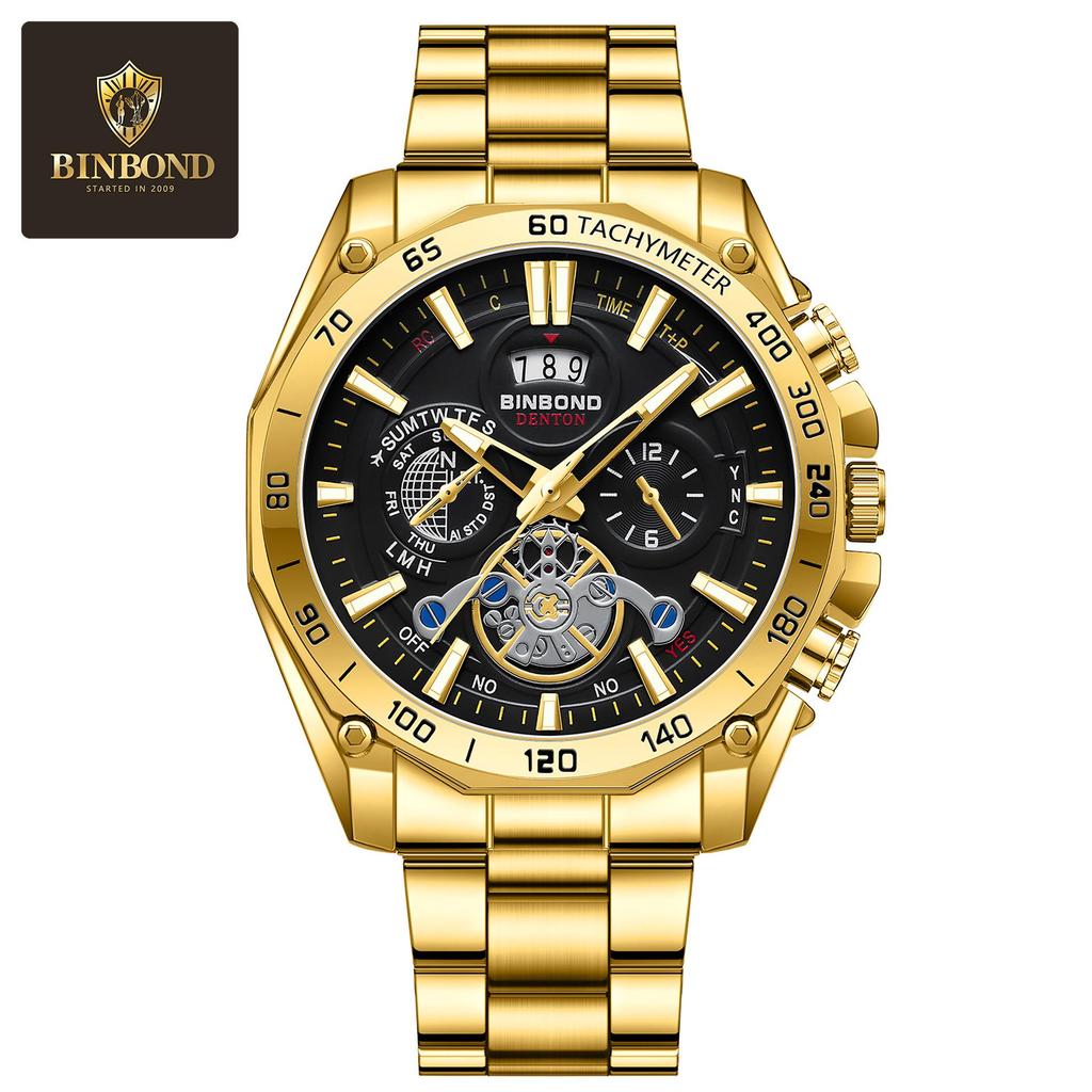 BINBOND Men's Luminous Trendy Tourbillon Steel Band Watch with Decorative Three Dials and Six Hands.
