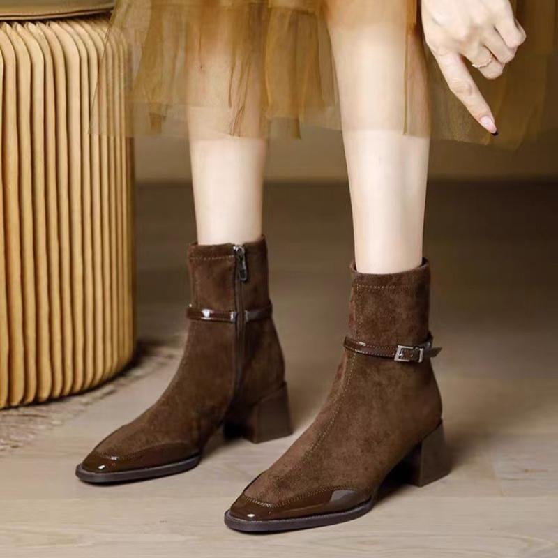2024 Women's Ankle Boots Thick High Heels Suede Buckle Women's Shoes New Winter Sexy Trendy Designer Brand Short Fashion Boots