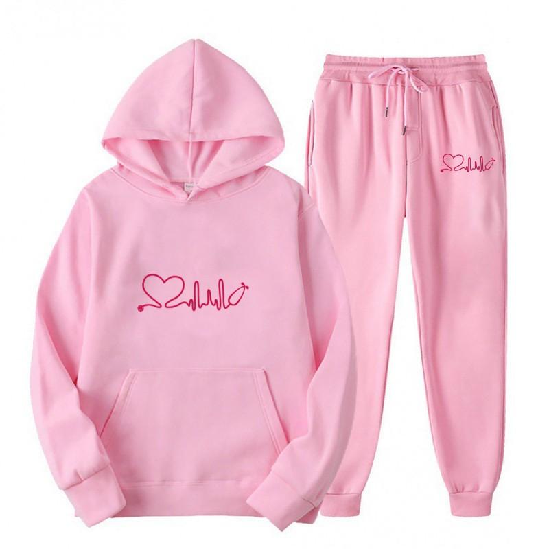 Womens Casual Hooded Sweatshirt Set Loose Fit College Style Printed Long Sleeve Top Drawstring Pants