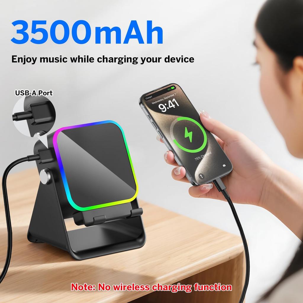 5-in-1 Wireless Induction Bluetooth Speaker with Phone Stand, Stereo Sound, 3500mAh Battery, RGB Light, 360° Holder – Gift for Men & Women