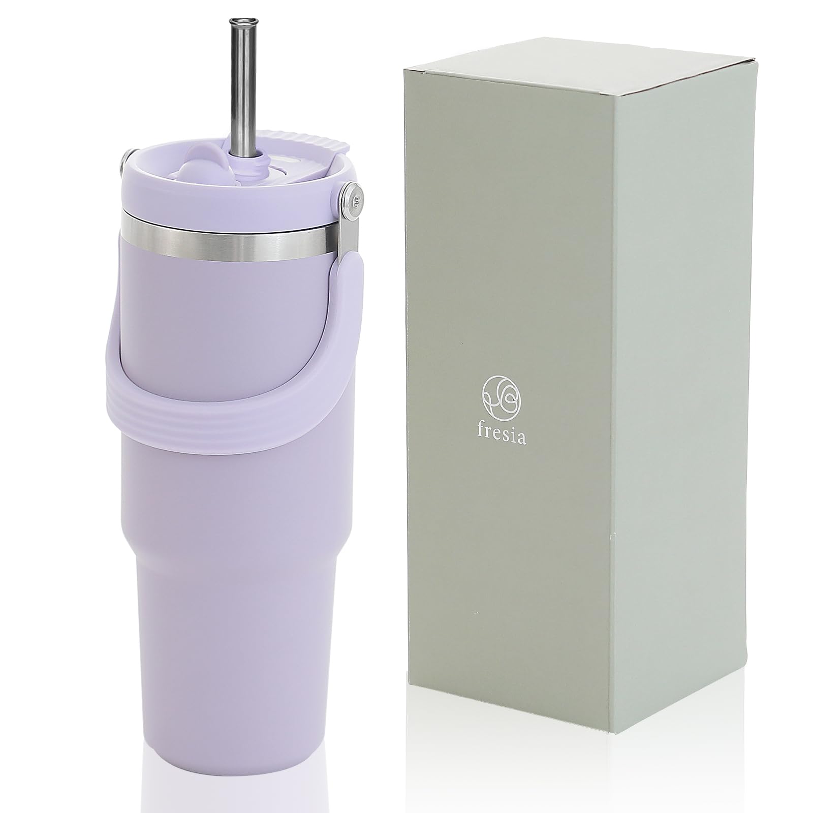 

fresia Tumbler with Straw and Lid, Portable, Large Capacity, Keeps Drinks Cold or Hot, Spill-Proof, Vacuum Insulated, Stylish Gift, 900ml (Purple)