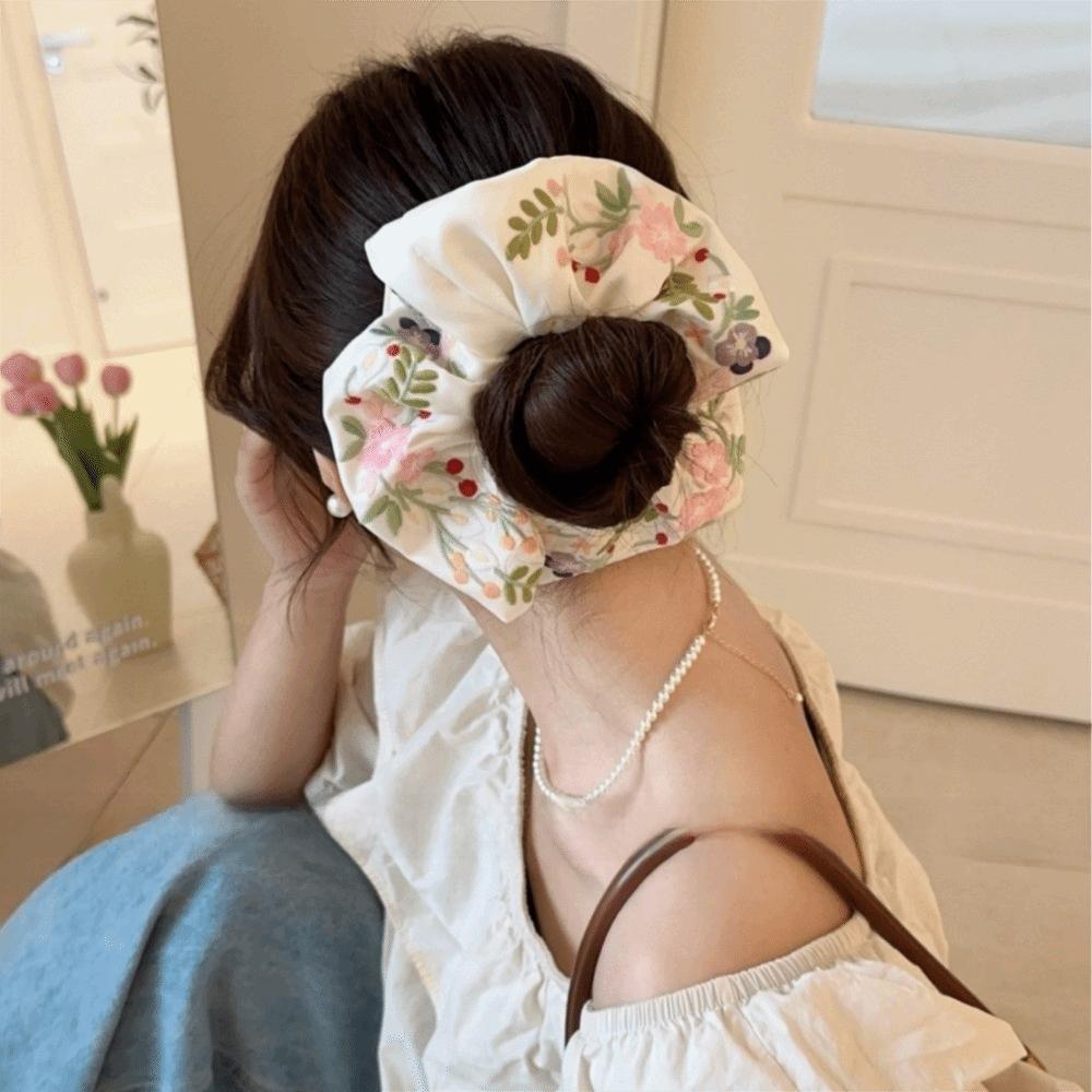 French Style Floral Scrunchies Satin Hair Ropes Temperament Embroidery Hair Scrunchies  Daily