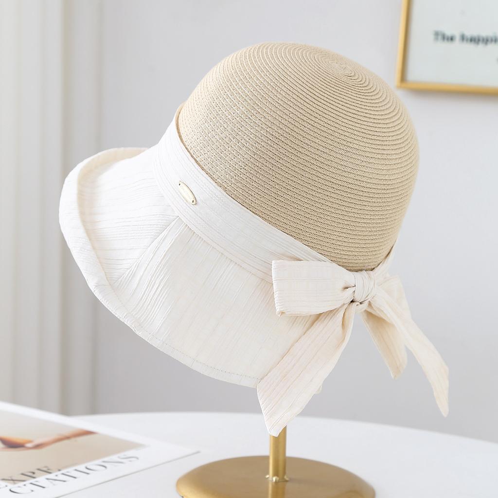 Women's Summer Wide Brim Bucket Hat Bow-Knot Patchwork Fisherman Style Beach Accessory