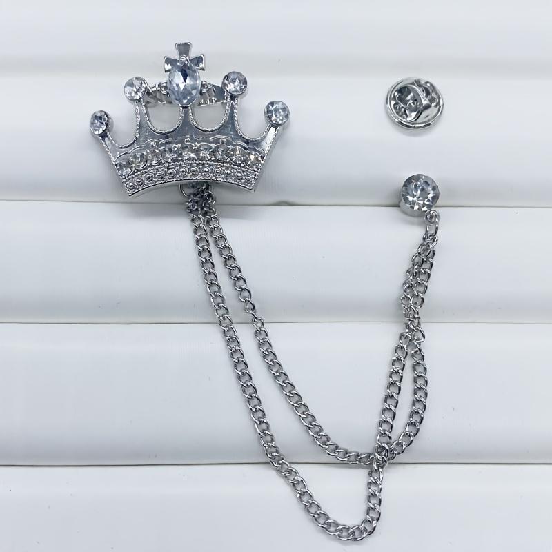 Elegant Gold Crown Brooch with Rhinestones and Chain - Premium Suit Pins for Men's Weddings, Parties and Formal Settings