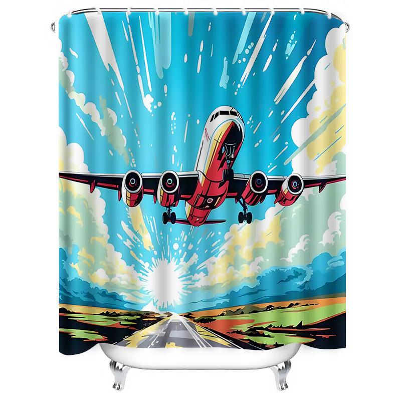 Vibrant Retro Airplane Design Bath Curtain Waterproof Fabric Ideal For Bathroom Decor Includes Hanging Rings For Easy Setup