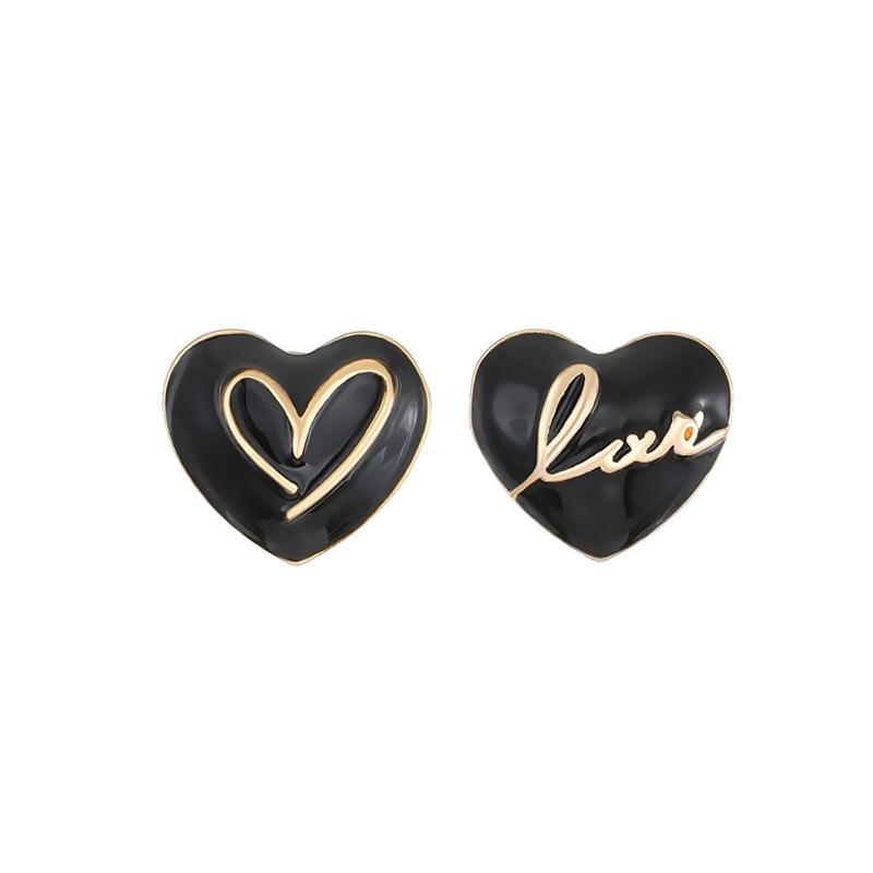 Cute Black Enamel Oil Heart Stud Earrings for Women Girls Asymmetric Letter Love Heart Shape Pattern Earrings Trendy Jewelry