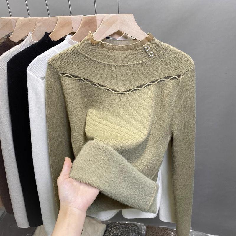 One Piece Velvet Sweater High Neck Women's Velvet Base Winter Lace Knit Sweater Inner Layer