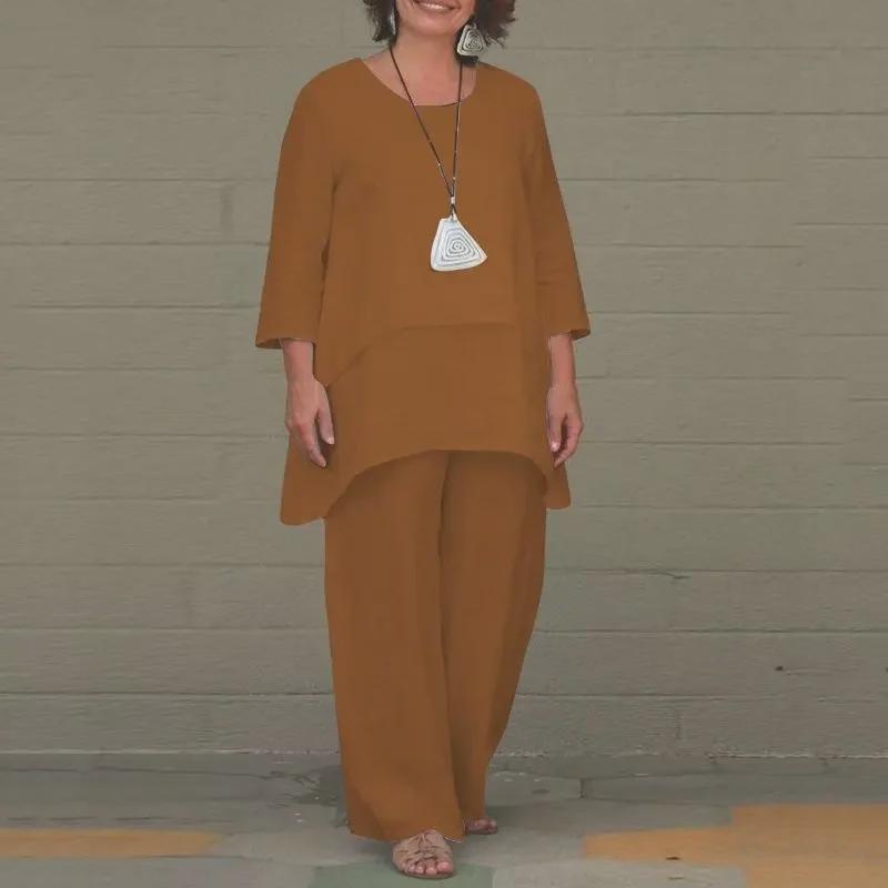 

Комплект спортивной одежды больших размеров из хлопка и льна с нерегулярными длинными рукавами 5XL хаки