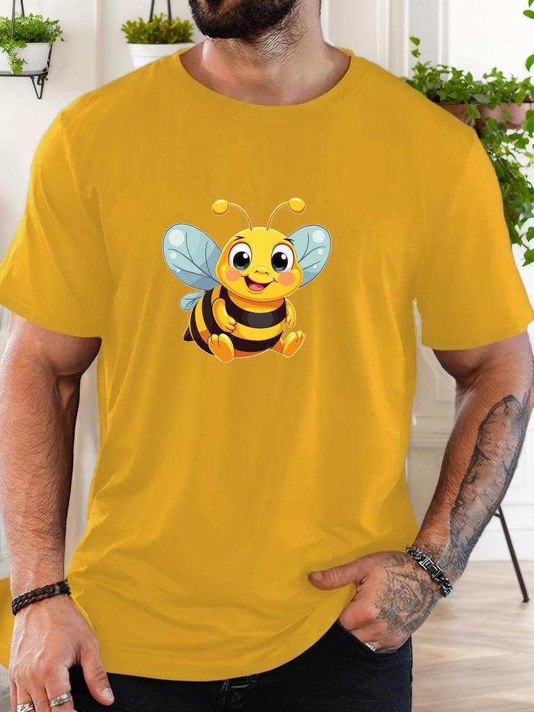Cute Cartoon Bee Graphic Front Print Unisexs Crew Neck Short Sleeve Loose Casual Basic Summer Daily Soft Comfort Fit Wear Tee Shirt