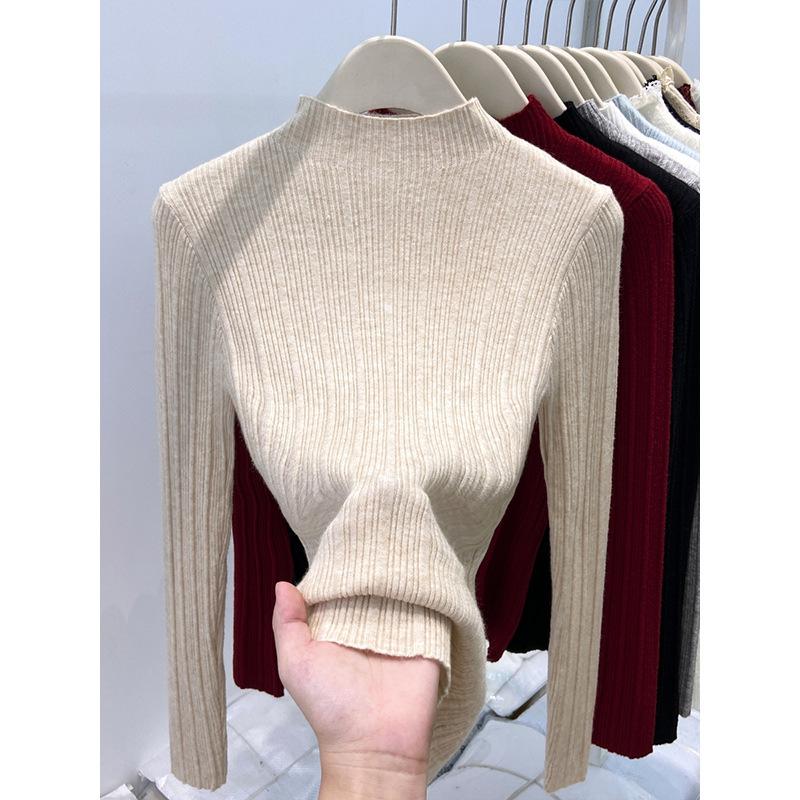 Small Stand-up Collar Pit Strip Knitted Bottoming Shirt Women's Spring Slim-fitting and Thin Inner Top High-end Sweater