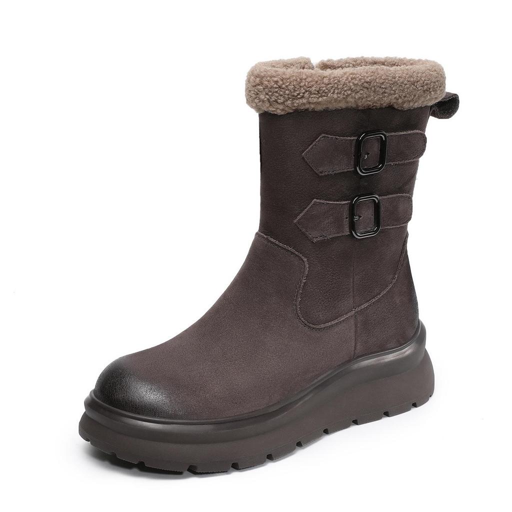 Johnature Anti Slip Thick Soled Snow Boots Belt Buckle Plush Warm Genuine Leather Women's Mid-calf Boots