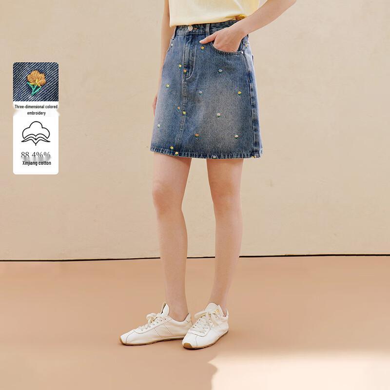 

INMAN Retro Floral Embroidered Denim Skirt XL