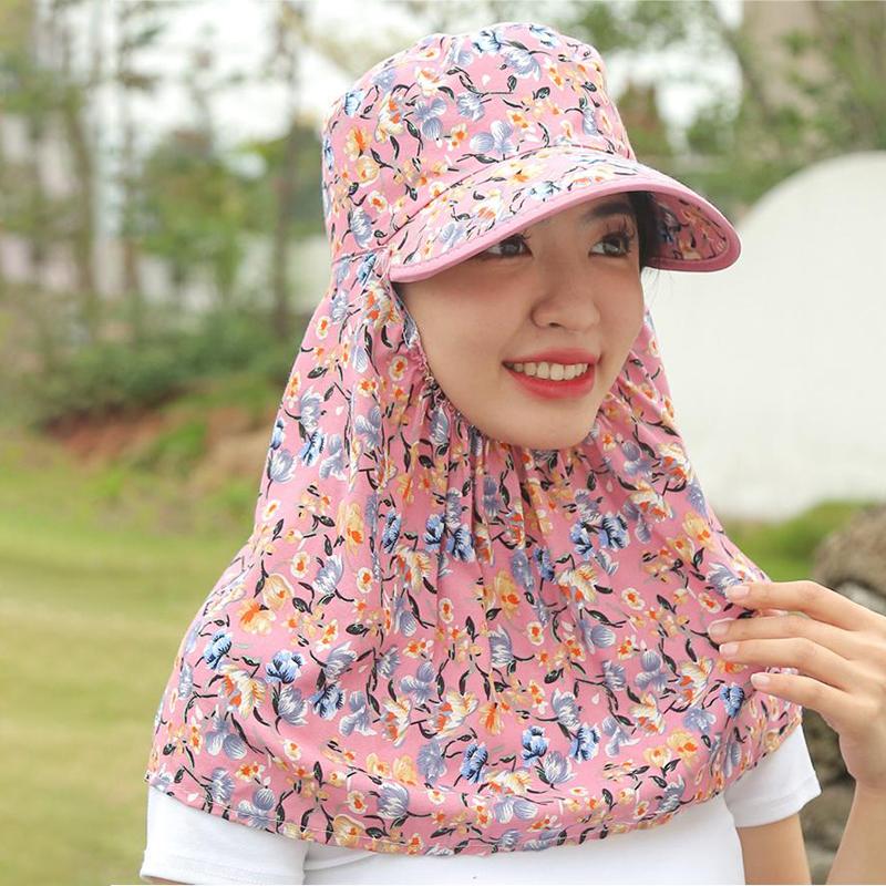 Sun Protection Women Sun Hat Portable Neckline Mask Floral Sunscreen Bucket Hat Climbing Cap Wide Brim Cover Face Cap Summer