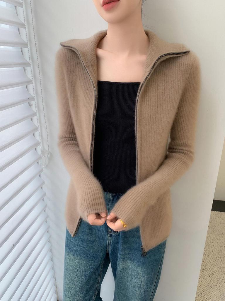 25 Premium Women's Baby Cashmere Cardigan, Double-Zipper Lapel Ribbed Sweater, Loose Wool Coat for Autumn/Winter.