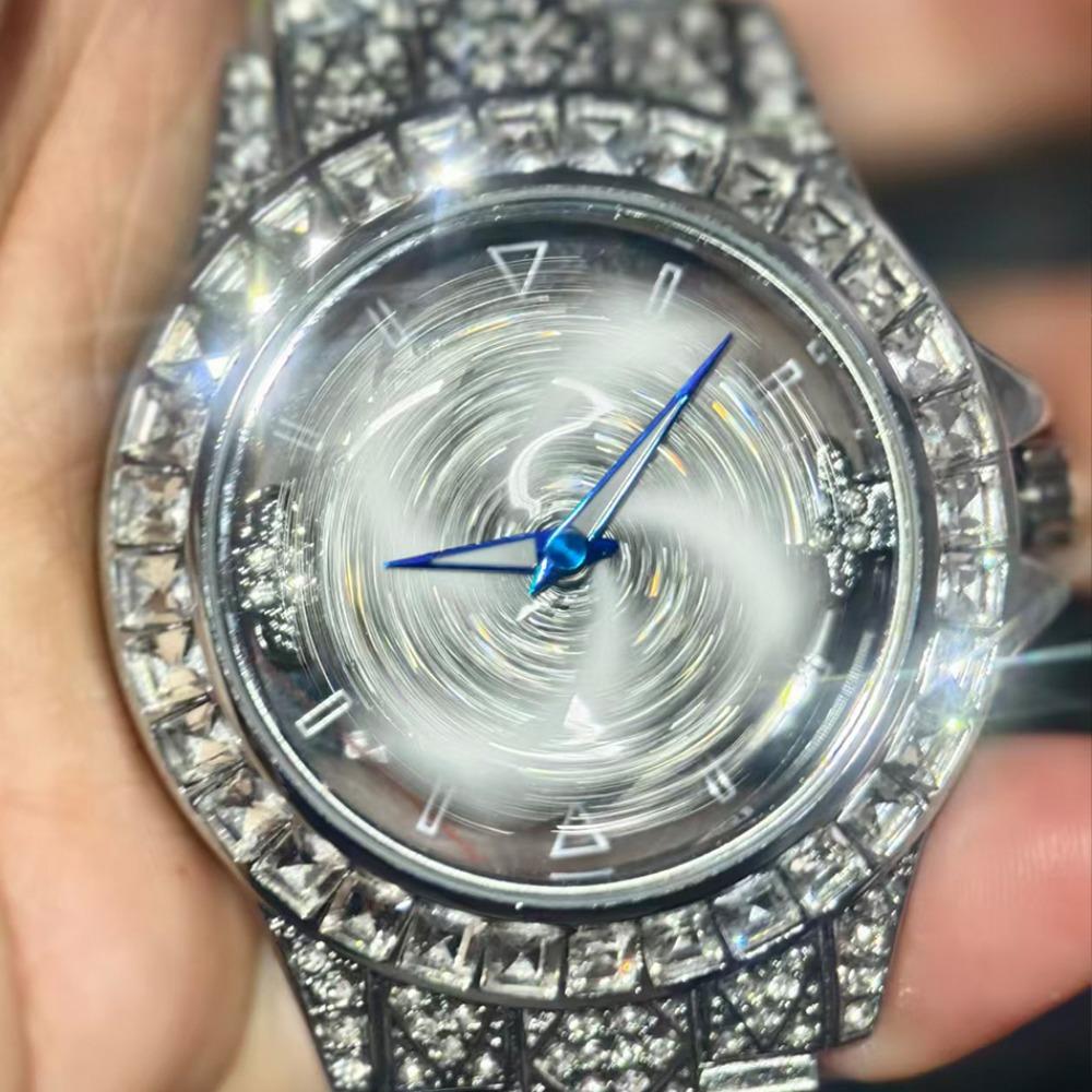 Orologio al Quarzo di Lusso con Quadrante Rotante Acciaio Inossidabile Cinturino Pavimentato con Cristalli Lucidi Elegante Orologio da Polso per Feste e Uso Quotidiano