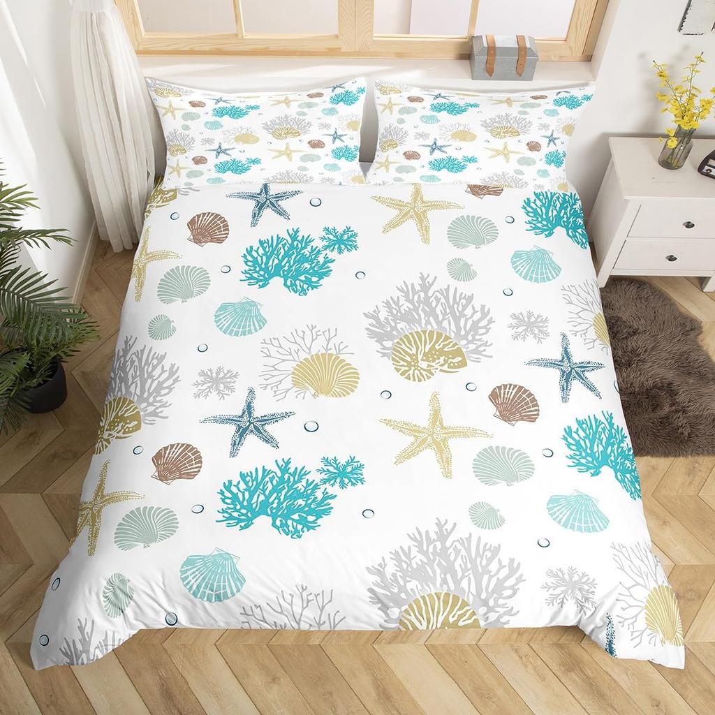Summer Beach Theme Duvet Cover Twin Queen, Starfish Conch Seashell Bedding Set for Boys Girls Bedroom, Ocean Animal Bed Cover