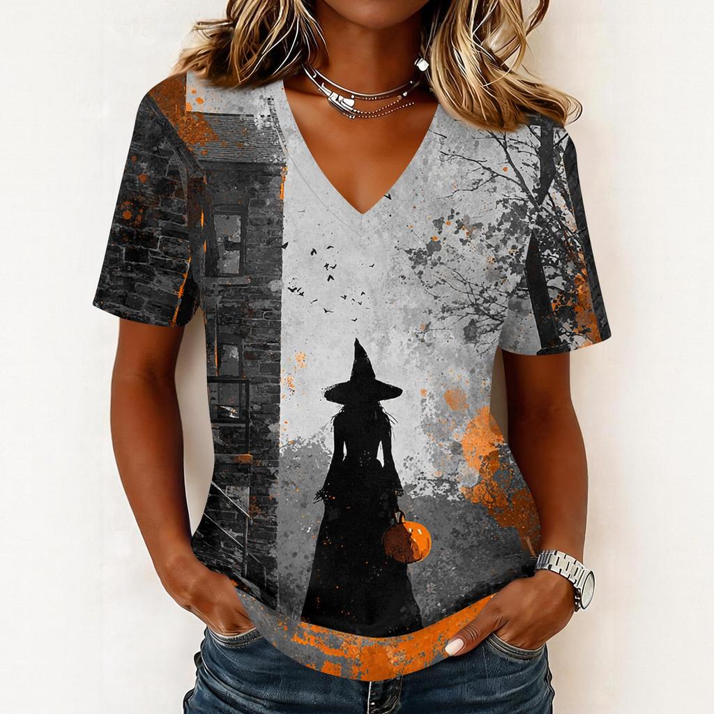 Womens Casual Halloween Print V Neck Pullover Top Short Sleeve Lightweight Shirt for Fall Seasonal Wear