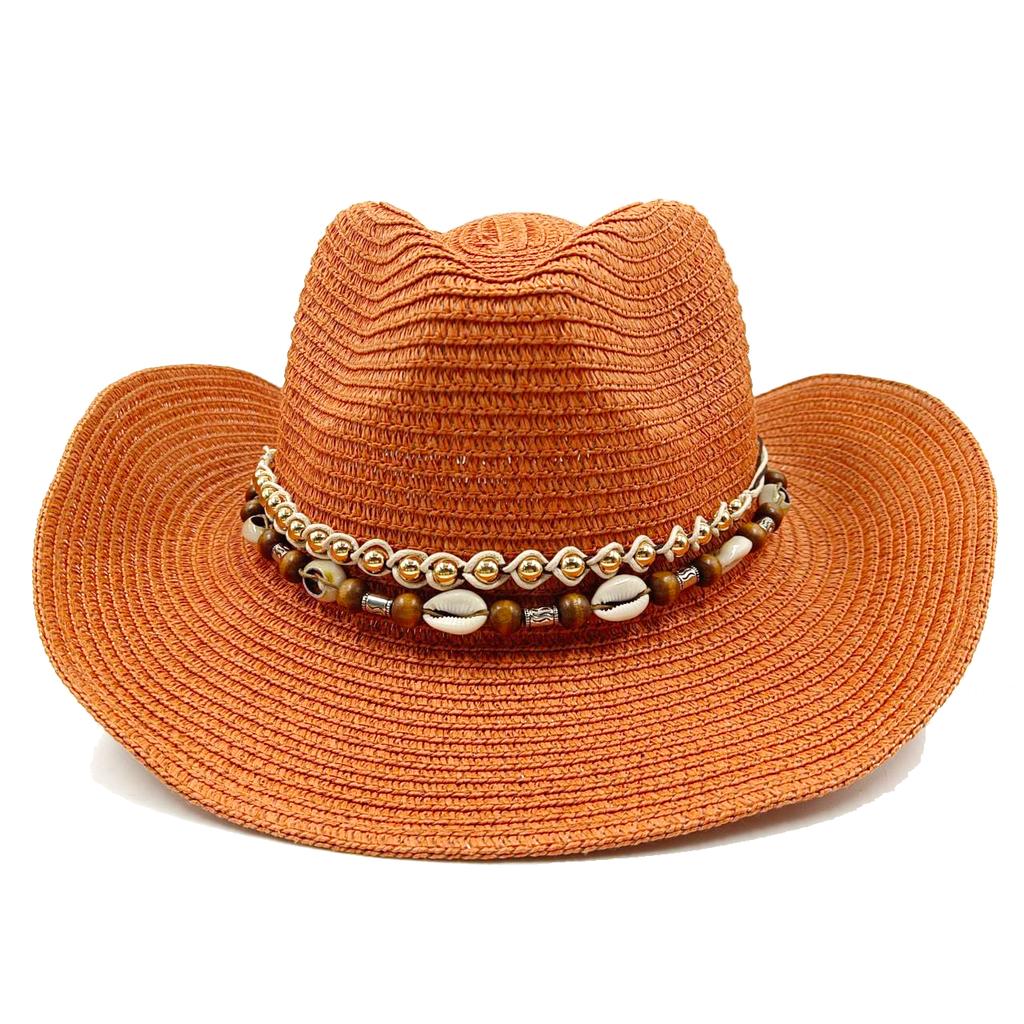 Red Cowboy Straw Hat Men's and Women's Cowboy Straw Hat Monochrome Curled Eaves Outdoor Beach Rider Hat Cowboy Hat